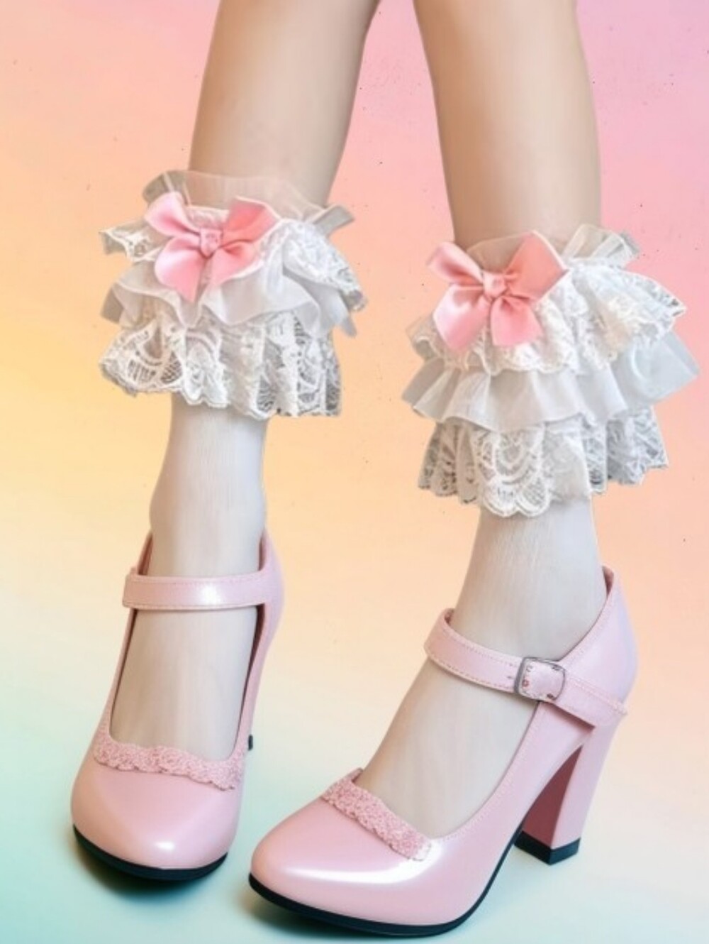 White Lolita Style Lace Ankle Socks With Pink Bows